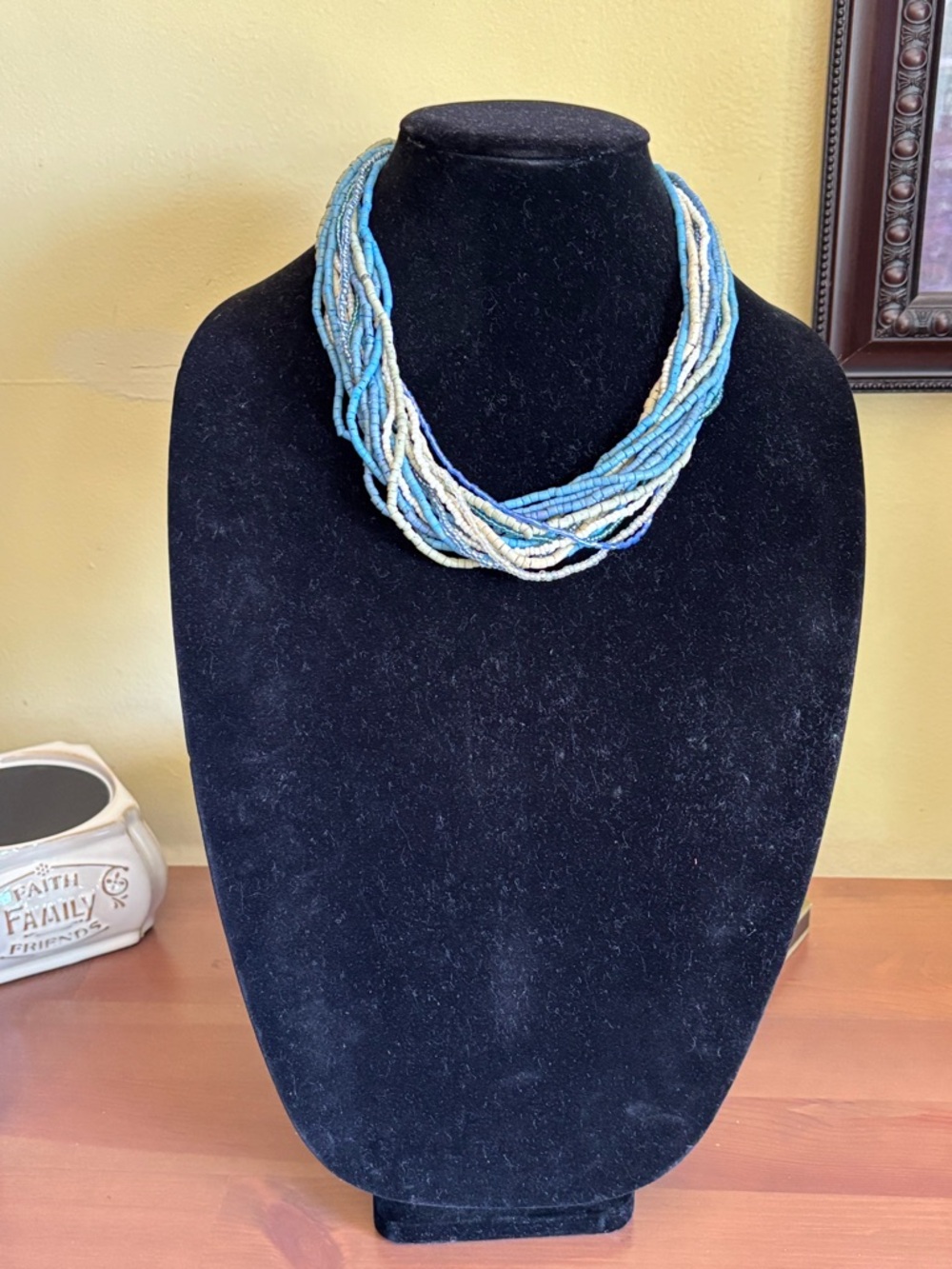 Multistrand Blue and Cream Bead Statement Necklace